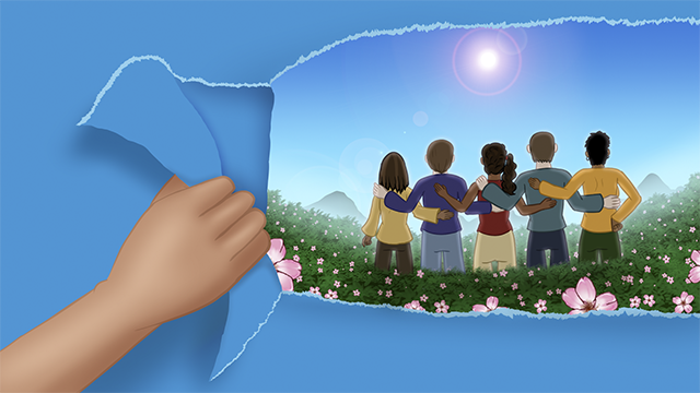 A hand holds open a torn piece of paper, revealing a field of flowers with several individuals lined up, holding each other, and staring into the sunset.